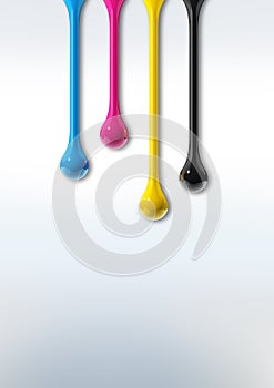 Cmyk ink drops on white paper background