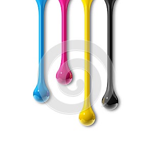 Cmyk ink drops on white paper square background