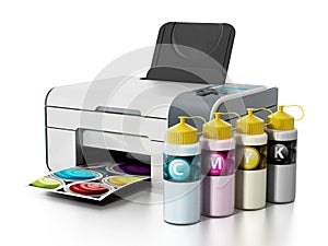 CMYK ink filling bottles and inkjet printer. 3D illustration