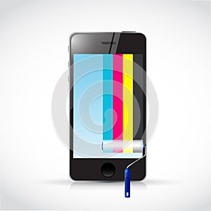 Cmyk paint roller and phone illustration design