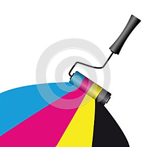 Cmyk painting with roller on white background