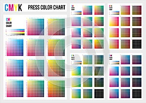 CMYK press color chart. Vector color palette, CMYK process printing match. Color management, quality control in print production.