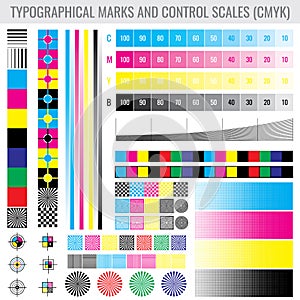 CMYK press print marks and colour tone gradient bars for printer test vector set