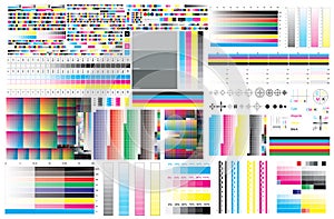 CMYK print test color offset vector calibration printing marks, color bar CMYK and color test chart. photo