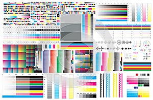 CMYK print test color offset vector calibration printing marks, color bar CMYK and color test chart.