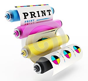 CMYK Printing press with test print. 3D illustration