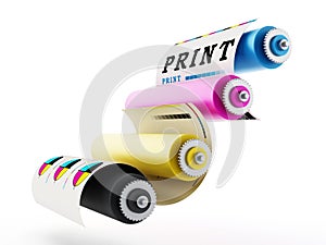 CMYK Printing press with test print. 3D illustration