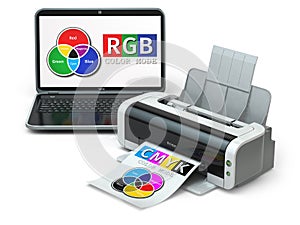 CMYK and RGB color models. Laptop and printer.