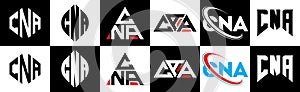 CNA letter logo design in six style. CNA polygon, circle, triangle, hexagon, flat and simple style with black and white color