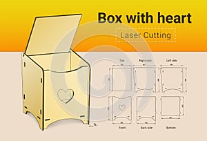 CNC. Laser cutting box with heart. Laser cut. No glue need. For 3 mm plywood. Size 195x154x184 mm.