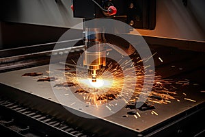 CNC laser cutting machine cutting metal with sparks. High technology. laser CNC machine cutting off a metal plate in a