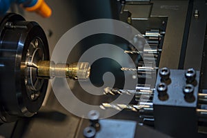 The CNC lathe machine drilling the hole on the  brass shaft part with drill tool.