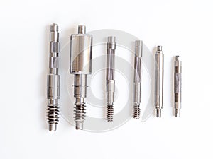 CNC lathe machine production. Precision shafts parts with hight quality top view