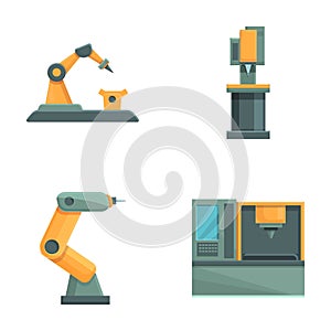 Cnc machine icons set cartoon . Comp numerical controlled milling machine