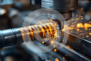 Precision Engineering: Close-up of Industrial CNC Machine with Metal Cutting Sparks Generative AI photo
