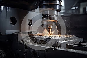 CNC milling machine cutting metal with sparks. Metalworking industry, CNC machine tool in a metal factory cutting metal, AI