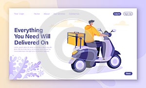 Cncept of landing page with delivery service theme. Character courier rides scooter.