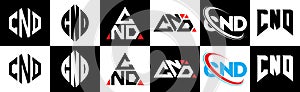 CND letter logo design in six style. CND polygon, circle, triangle, hexagon, flat and simple style with black and white color