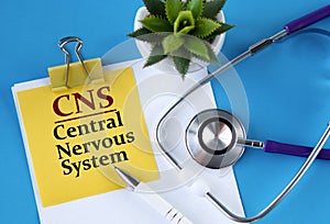 CNS - acronym on a yellow notebook on a blue background with a stethoscope and a cactus