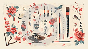 CNY calligraphy set with blossoming plants and flying birds from the Four Treasures of Chinese calligraphy. Spring is