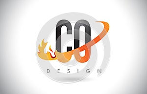 CO C O Letter Logo with Fire Flames Design and Orange Swoosh.
