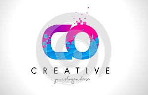 CO C O Letter Logo with Shattered Broken Blue Pink Texture Design Vector.