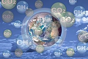 CO2 Carbon Dioxide and CH4 gas methane emissions, the two main causes of global warming - concept with image from NASA photo