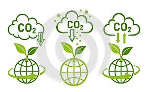 CO2 carbon dioxide emission reduction, global reduce carbonic greenhouse gas, smoke cloud, low level atmosphere air pollution icon photo