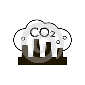 CO2 emission icon, carbon from factory. Factory silhouette with chimney pollution dioxide cloud smoke. Air carbon