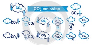 CO2 emission reduction, carbon dioxide greenhouse gas reduce icon set. Low carbonic air pollution. Smog cloud. Line vector photo