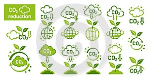 CO2 emission reduction, green plant carbon dioxide recycling, carbonic gas reduce icon set. Air pollution. Eco technology. Vector photo