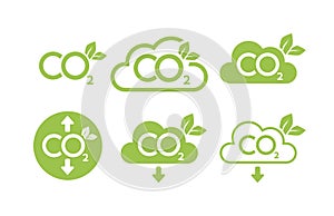 CO2 emission reduction neutrality concept icon set. Cloud shape banners with zero footprint, CO2 neutral. Green eco