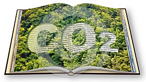 CO2 Net-Zero Emission - Carbon Neutrality concept against a forest with keywords - 3D render of an opened photo book isolated on photo