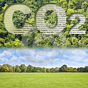 CO2 Net-Zero Emission - Carbon Neutrality concept against a forest with keywords - Green mowed lawn with trees and cloudy sky photo