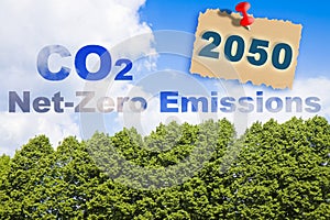 CO2 Net-Zero Emission concept against a forest - Carbon Neutrality concept - 2050 According to European law