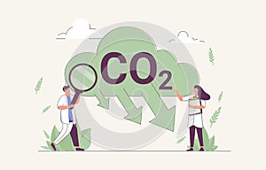CO2 reduction to reduce carbon dioxide greenhouse gases tiny person concept. Alternative energy usage to eliminate photo