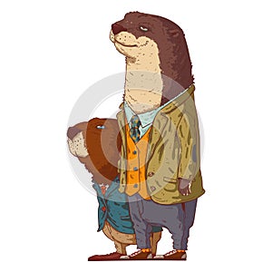 Co-workers, isolated vector illustration. Anthropomorphic otter and beaver standing in profile