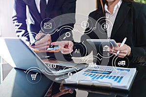 Co working process, team working.Coding software developer work with AR new design dashboard computer icons