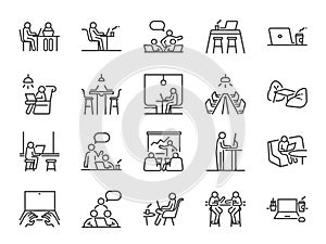 Co-working space line icon set. Included icons as coworkers, coworking, sharing office, business, company, work and more. photo