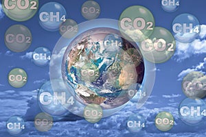 CO2 Carbon Dioxide and CH4 gas methane emissions, the two main causes of global warming - concept with image from NASA