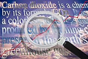 CO2 Carbon Dioxide definition - concept against a cloudy sky with rising graph and and magnifying glass