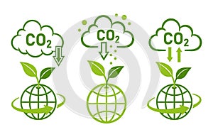 CO2 carbon dioxide emission reduction, global reduce carbonic greenhouse gas, smoke cloud, low level atmosphere air pollution icon