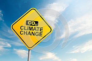 CO2 Climate change road sign with blue sky and cloud background
