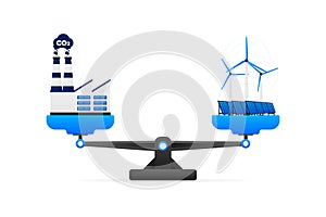 CO2 emissions. Eco compensation to reduce CO2. Zero emissions or carbon dioxide emission. Neutral balance. Scales with