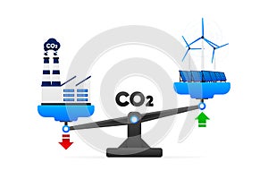 CO2 emissions. Eco compensation to reduce CO2. Zero emissions or carbon dioxide emission. Neutral balance. Scales with
