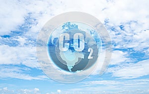 CO2 in globe map on blue sky. Greenhouse gas. Carbon dioxide gas global air climate pollution. Environment issue. Carbon dioxide