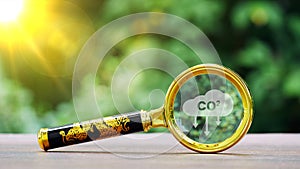 CO2 icon behind a magnifying glass on a blurred background of green plants