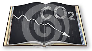 CO2 Net-Zero Emission - Carbon Neutrality concept with decreasing graph - 3D render of an opened photo book isolated on white