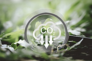 CO2 reducing icon on magnifier glass on green grass for decrease CO2 , carbon footprint and carbon credit to limit global warming