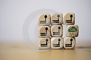 CO2 reducing icon move out from pollution factory for decrease CO2 , carbon footprint and carbon credit to limit global warming